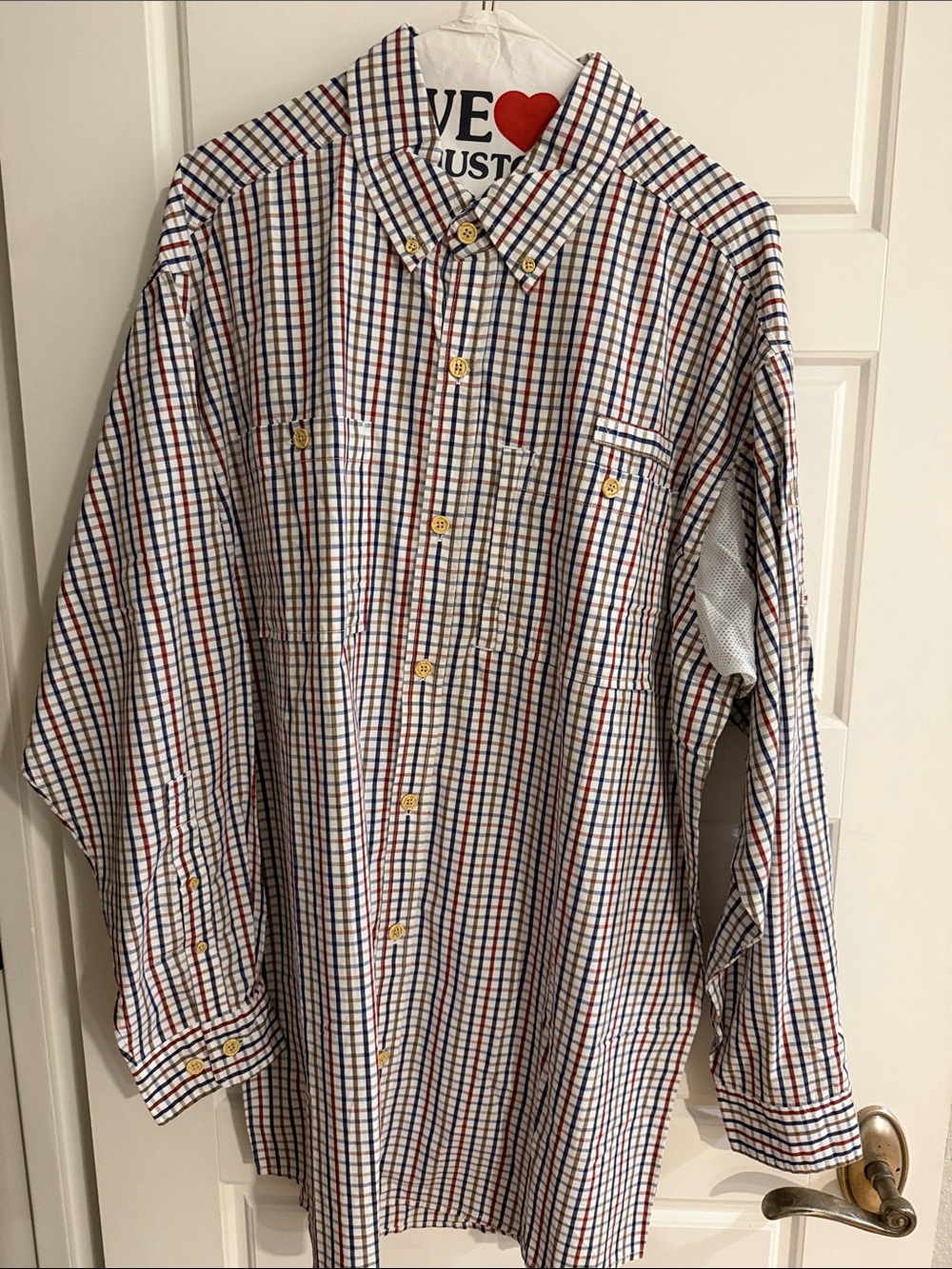 Classic Men's Button-Down Check Shirt - White with Blue/Red/Tan Check Pattern